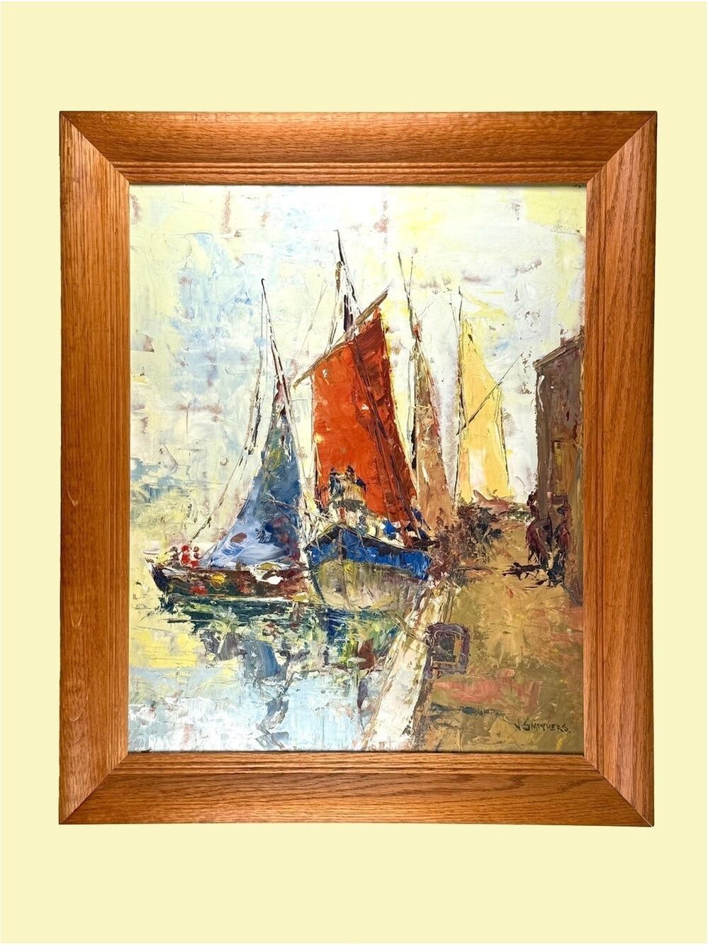 J Smithers Oil Painting Sailboat Harbor Impressionist 20x24 Framed Nautical Art